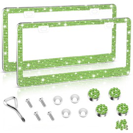 Amiss Bling License Plate Frame for Women, 2Pack Rhinestone Handcrafted Crystal Premium Stainless Steel, Stainless Steel Car Decorative Accessories with Diamond Sparkle Glitter Caps (Green)