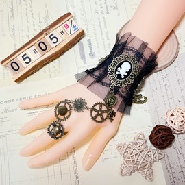 Aabellay Gothic Black Lace Bracelet with Finger Ring Steampunk Vampire Wristband Ring Victorian Costume Party Vintage Wedding Prom Festival Hand Chain Jewelry for Women 1 Pair - S323
