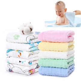 WYTNB 10Pcs Small Baby Muslin Squares, 25x25cm Cotton Burp Cloths, 6 Layers Breathable Newborn Washcloths, Absorbent Swaddle Cloths, Baby Face Body Towel, Facial Cleansing for Kids Boys Girls