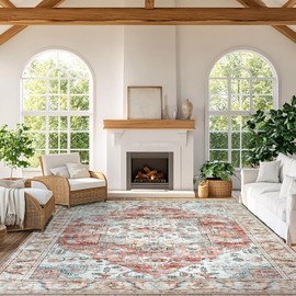 FUANGUI Washable Area Rug 8'x10' Retro Boho Abstract Neutral Large Oriental Non-Slip&Stain Resistant Rug Carpet for Living Room, Dining or Bedroom, Non-Shedding and Easy-Cleaning, Terracotta Rug