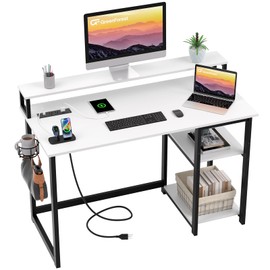 GreenForest White Computer Desk, 40 inch Small Office Desk with Power Outlets, Work Desk with Reversible Storage Shelves, Writing Desk with Monitor Stand, Modern Study Table, White