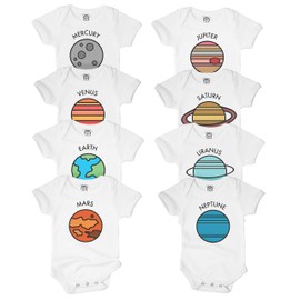 The Spunky Stork Baby Boys 8-Pack Planets Solar System Organic Bodysuit Gift Set (Assorted Sizes) White