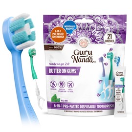 GuruNanda 6-in-1 Ready-to-Go Disposable Toothbrush, Pre-Pasted Butter on Gums Softex Bristles, Floss & Toothpick, Tongue & Cheek Cleaner, Individually Wrapped & TSA Friendly, 21 Ct