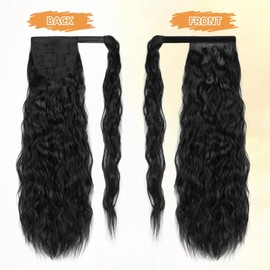 quesdom Corn Wave Ponytail Extension Wrap Around Pony Tail 22 Inch Synthetic Clip on Curly Wavy Ponytails Black Hairpiece for Black Women(1B,Black)