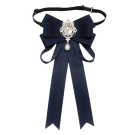 SUNTRADE Women Bowknot Rhinestone Ribbon Bow Brooch Pre-Tied Neck Tie Party Wedding Christmas Gifts Ceremony (Navy Blue)