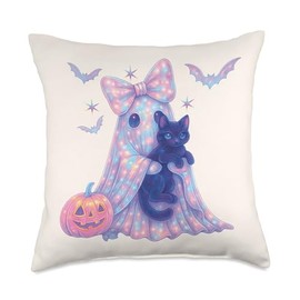 Cute Ghost Coquette Pink Bow Black Cat Kawaii Pastel Girl Throw Pillow