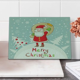 Ambesonne Santa Cutting Board, Merry Christmas Theme Cute Santa with a Sack of Presents on Forest and Snowflakes, Decorative Tempered Glass Cutting and Serving Board, Small Size, Multicolor