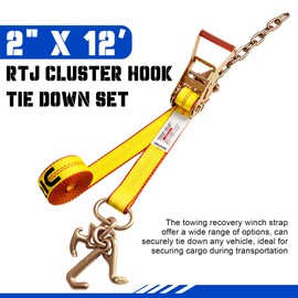 OXXTRIC 2" x 12' Heavy Duty Tie Down Straps with RTJ Cluster Hooks, 4Pcs Tow Straps with Ratchet Chain Tail for Trucks, Trailers, Auto Transport, Car Hauler, Towing & Recovery