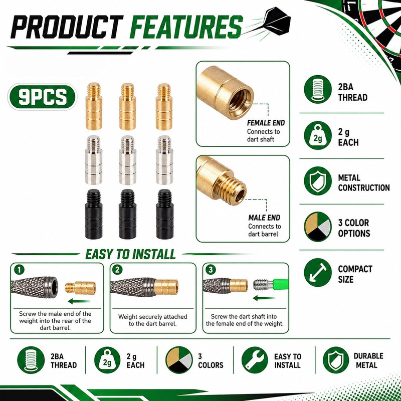 QIHAWN 9Pcs 2g Brass Dart Weight Adders, 2BA Thread for