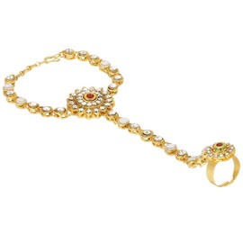 Efulgenz Indian Bollywood Gold Tone Crystal Kundan Finger Ring Link Chain Wedding Bridal Bracelet Hand Harness Slave Bracelet Jewelry