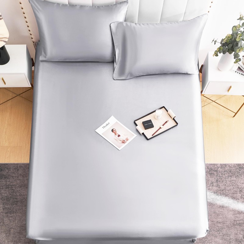DuShow Satin Fitted Sheet King Sliver Grey,Silky Deep Pocket Satin