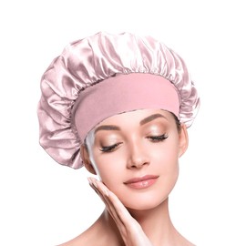BIZBUY Satin Bonnet, Hair Bonnet for Sleeping, Night Hair Sleeping Caps with Wide Elastic Band, Silk Bonnet is Suitable for Long and Curly Hair Pink