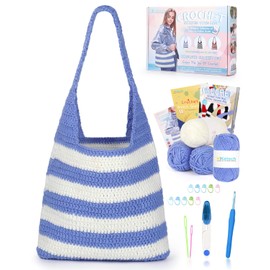 Katech Crochet Set/Knitting Set for Striped Bag, Crochet Hook Set with Instructions & Video Tutorial, Crochet Accessories Cotton for Crocheting, Knitting Beginners Set, Crochet Set for Beginners
