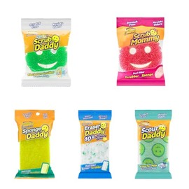 Scrub Daddy Essentials Complete Bundle with Scrub Mommy, Scour Daddy, Sponge Daddy & Eraser Daddy, Smiley Face Sponges for Cleaning & Washing Up, Multipack Kitchen Non Scratch Scourers, Pack of 5