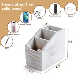 BWODYAY Remote Control Holder, TV Remote Holder, Wood Farmhouse Remote Caddy for Table, Remote Organizer Caddy with 3 Slots, Remote Storage Box for Home Office, Rustic White