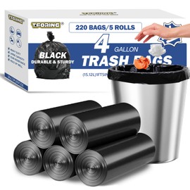 T.FORING Small Trash Bags 4 Gallon - 0.94 Mil Thick 220 Count Heany Duty 15 Liters Black Garbage Bags,Leakproof Durable and Unscented Weastbasket Can Liners for Bathroom Bedroom Home