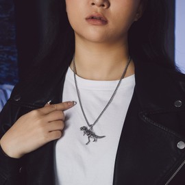 Bandmax Stainless Steel Dinosaur Necklace for Men Dinosaur Animal Skull Skeleton Pendant Chain T-rex Bone Charm Necklace for Jurassic Dinosaur Lover