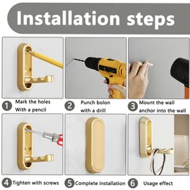 KEEYOYOBE 2PC Foldable Wall Hooks - Gold Coat Hooks for Closet, Door & Bathroom | Heavy Duty Folding Hangers for Hanging Coats, Belts, Backpacks, Towels | Space-Saving Wall Hook Set (Gray, 2Pack)