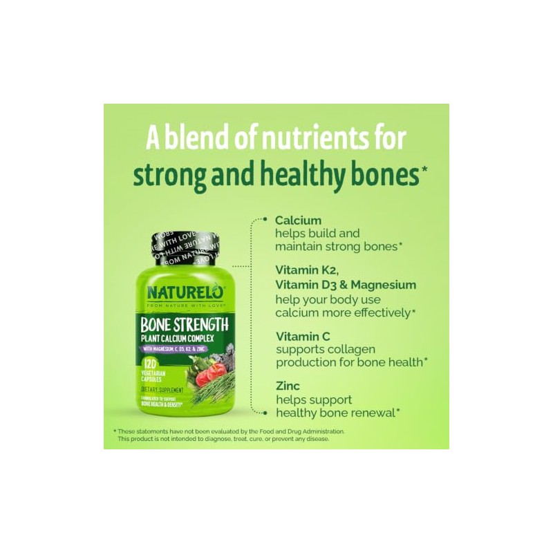 NATURELO Bone Strength with Plant-Based Calcium | 120 Capsules |