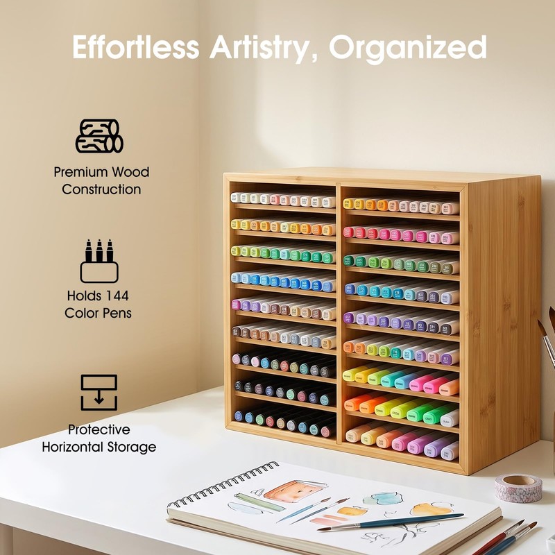 Wooden Marker Organizer for Desk, Hold 144 Markers with 9
