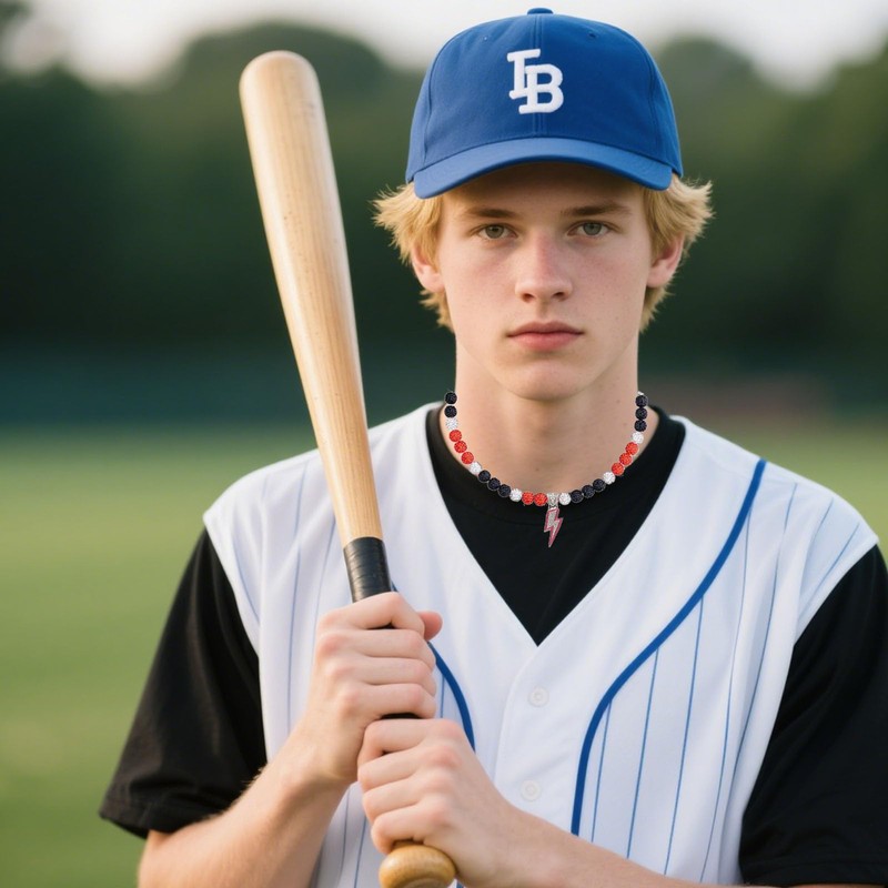 EDWTG Lightning Bolt Baseball Beaded Necklace Bling Cross Baseball Ice