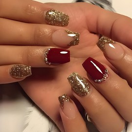 RIICFDD Short Press on Nails Coffin Fake Nails Wine Red False Nails Rhinestone Nail Charms Stick on Nails Champagne Glitter French Tip Nails Full Cover Glossy Acrylic Nails for Women Girls 24 Pcs