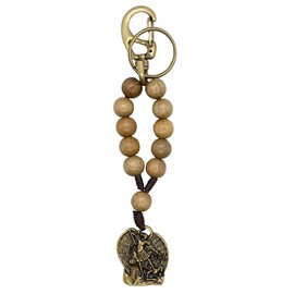 VILLAGE GIFT IMPORTERS Saint Michael Decade Rosary Keychain | Clip and Jump Ring | Patron Saint of Grocery Workers, Police, and Military Members | Wooden Beads and Distressed Gold-Tone Metal, Brown, Medium