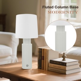 Folux Cordless Modern Resin Table lamp, Fluted Column Base, 5200-mAh Rechargeable Battery, 3-Level Brightness, Build-in Integrated LED 320 Lumen Max, for Bedside Desk Nightstand Light