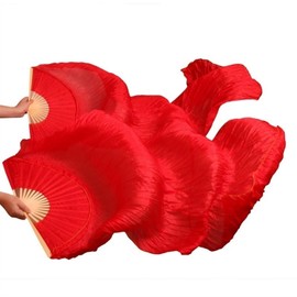 WJPUUS 1 Pair(Left+Right) Belly Dance Fan Artificial Silk Fans,Colorful Dancing Fabric Fans,Long Folding Imitated Silk Fans,for Dancing Show Arts,Length 180cm Width 90cm. (Red)