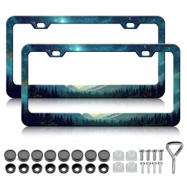 Starry Sky Mountain License Plate Frames - 2 Pack Green Mountain Forest Stainless Steel License Plate Holder,Rust-Proof Waterproof Car Decorative Tag Frame with Screws Fasteners Caps