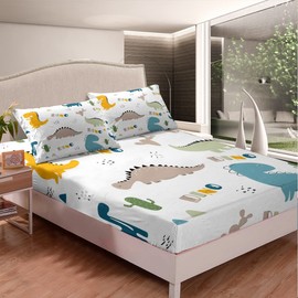 Cute Dinosaur Fitted Sheet Cartoon Cactus Bed Sheet Set Decor Jungle Dino Boho Succulent Bedding Set Wild Animal Pattern Yellow Grey Bed Cover Bedroom Quilt Cover 2Pcs Twin