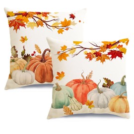 Fall Pillow Covers 18x18 inch Set of 2 Velvet Orange White Pumpkin Maple Leaves Decorative Throw Cushion Covers Autumn Thanksgiving Fall Decor Farmhouse Decoration for Home Couch Bed