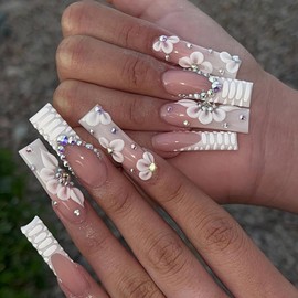 BABALAL Coffin Press on Nails Long Fake Nails White French Tip Glue on Nails Rhinestone Flower Acrylic Nails Ballerina Stick on Nails for Women and Girls