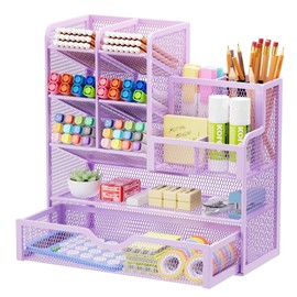 Marbrasse Mesh Desk Organiser,Stationary Organiser,MultiFunctional Pen Holder,Desktop Storage and Drawer for Home Office (Purple)