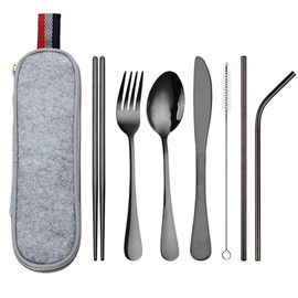 Tongke Cutlery Set, Reusable Stainless Steel Travel Cutlery Kit, Portable Flatware Set, Travel Camping Utensil Dinnerware Set with a Waterproof Case (8-Pieces Black)