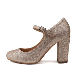 City Classified “NOLA” ~ Women’s Comfort Insole Block Mid Heel Mary Jane Strap Office Ladies Closed Round Toe Pumps Shoes, Rose Gold Glt, 5 UK