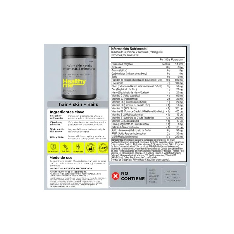 ETERNAL NUTRITION Healthy Me: Colágeno, Biotina y Ácido Hialurónico 60