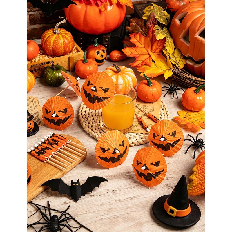 120Pack Halloween Pumpkin Drink Cocktail Umbrellas Picks