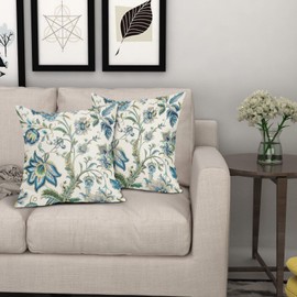 Chinoiserie Pillow Cover 18x18 Inch Pack of 2 Boho Blue Yellow Floral Print Decorative Outdoor Throw Pillow Covers Flower Pillowcase Linen Square Cushion Cover for Bedroom Sofa Couch Home Decor