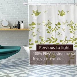 TIKABC Shower Curtain Liner, 4G PEVA Green Butterfly Shower Liner, Plastic Waterproof Shower Curtains, 72x72 inch with Grommet Holes 3 Magnetic Weights