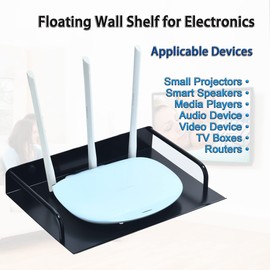 HNVNER Floating Shelves for AV Device, Metal Router Shelf Small Projector Stand Wall Mounted Shelf For TV Box, Sky Mini Box, Modem, Media Box, Game Consoles (2PCS, Black)