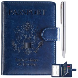 RSAquar Passport Holder for Women and Men, Premium PU Leather Travel Passport Wallet RFID Blocking Passport Cover Travel Documents Organizer with Pen Holder, Blue#2