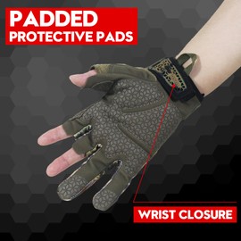 HLDD HANDLANDY Fingerless Work Gloves Men - Padded Half Finger Motorcycle Gloves with TPR Impact Protective for Combat, Hunting, Outdoor Work, Green XL