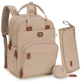 Dikaslon Diaper Bag Backpack with Portable Changing Pad, Pacifier Case and Stroller Straps, Large Unisex Baby Bags for Boys Girls, Multipurpose Travel Back Pack for Moms Dads, Milk Tea Khaki