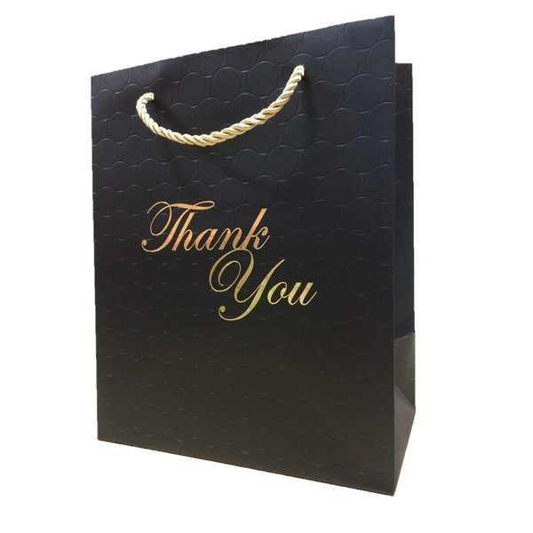 Black Thank You Paper Gift Bags with Handles Gold Foil Medium Luxury Shopping 8x5x10 (12 Bags) Premium Quality Cute Matte Modern Embossed Birthday Merchandise Clothing Business Store Wedding Guests