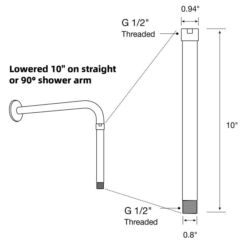 Black Shower Arm Extension 10 Inch High Flow Rainfall Shower