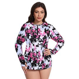 Tanst Sky Women's Plus Size Swimwear,Swimming Suits for Women Athletic Zipper Long Sleeve Modest UPF 50+ UV Protection Rash Guard Ladies Quick Dry Bathing Rushguard White-Base Black/Pink 2XL