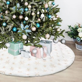 Dremisland Christmas Tree Skirt, 48 inches Large White&Silver Luxury Faux Fur Tree Skirt with Snowflakes Super Soft Thick Plush Tree Skirt for Xmas Tree Decoration (36inch/90cm, Golden)
