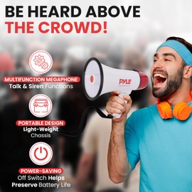 Pyle 20W Megaphone Bullhorn - 5.4'' x 8.6'' Portable Megaphone, Projection Range Up to 800 Sq. Yards, Voice Talking & Siren Alert, Shoulder Strap, Battery Operated, (White)