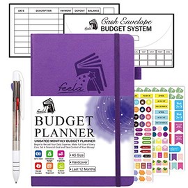 Budget Planner, 2022 Monthly Undated Bill Organizer Hardcover Financial Journal, Feela Money Expense Tracker with Budget Envelopes, Stickers, 1 Pen, User Manual, A5, Last 12 Months, Purple